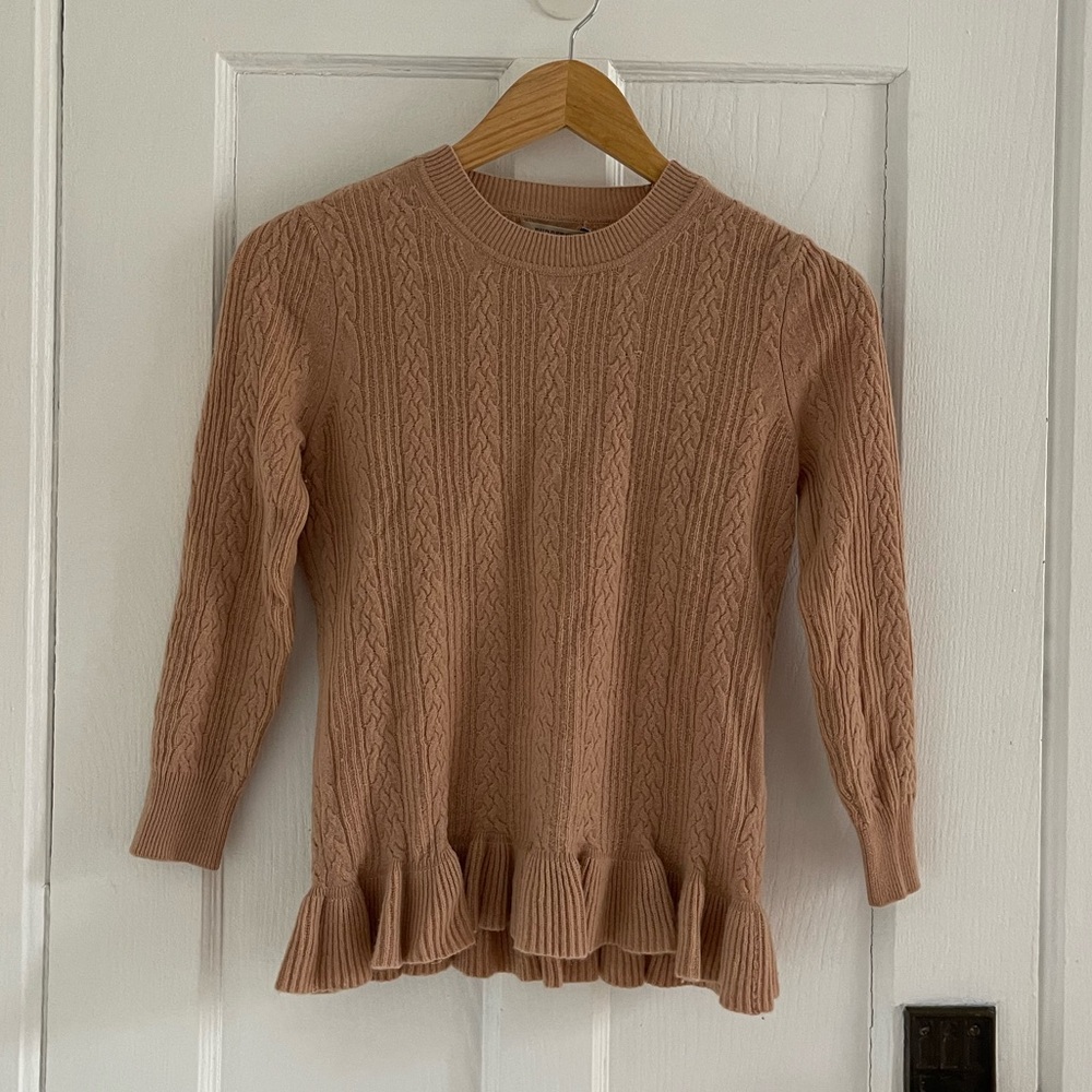 Burberry tan peplum cable knit wool sweater